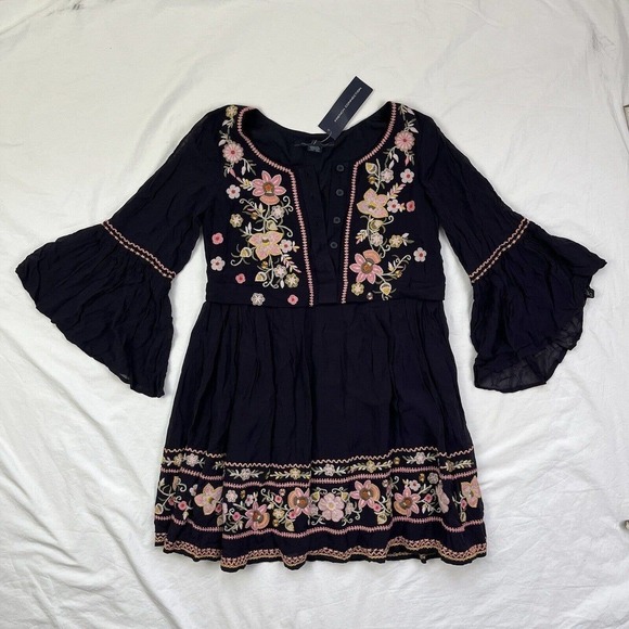 French Connection Sunshine Bloom Gypsy Dress 0 XS Blue Pink Floral Embroidered - Picture 5 of 16